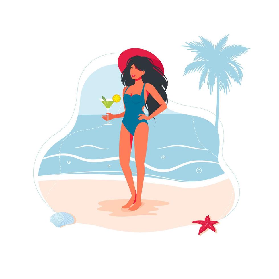 chica hermosa mujer en la playa en traje de baño y con un cóctel en la mano junto al mar en la arena. gente de la playa del mar que viaja bandera, símbolo de las vacaciones de verano. ilustración vectorial vector