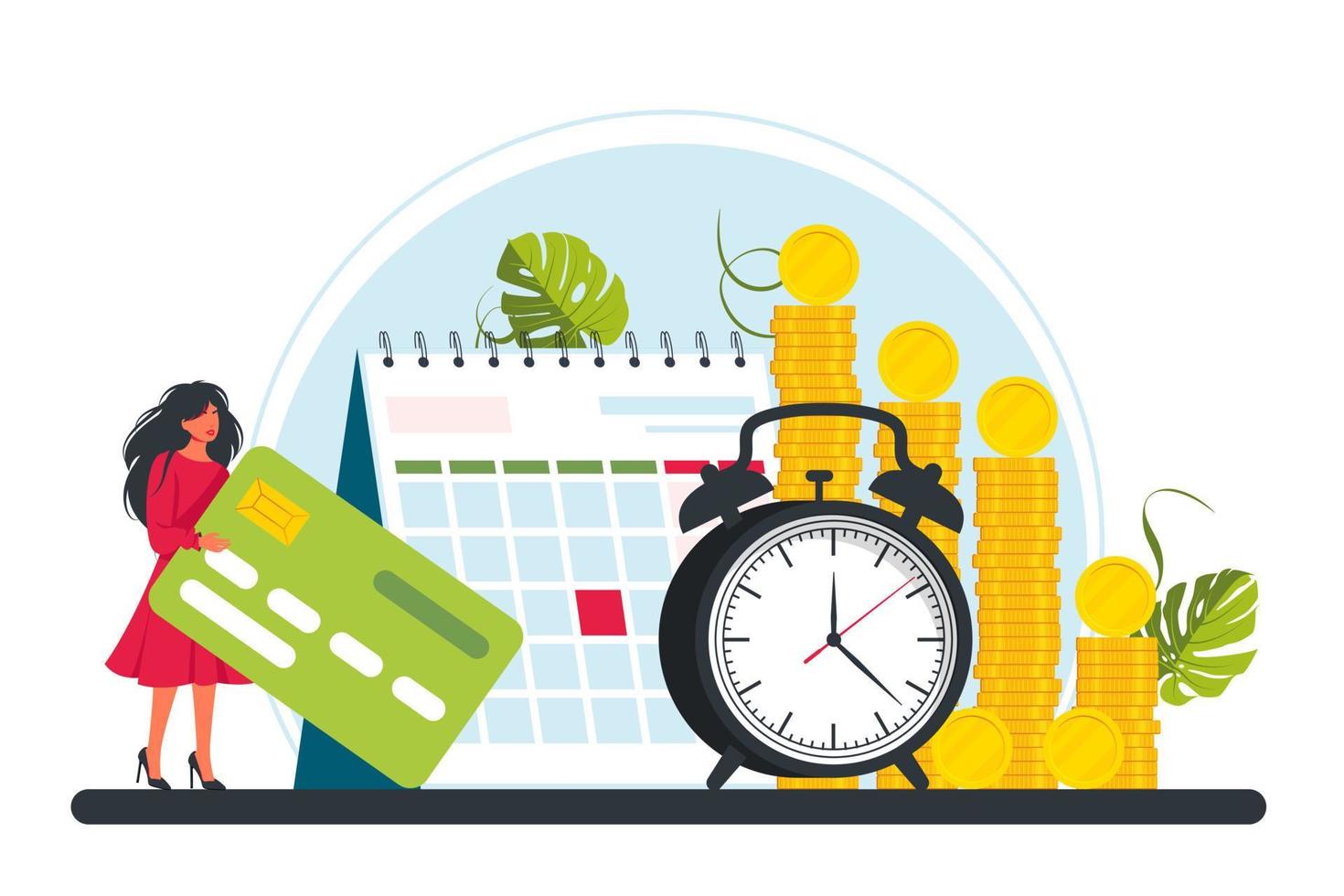 Pay Check, Salary, Payroll Concept. A tiny woman stands with a credit card in her hands near heap of gold coins, alarm or clock, calendar. Time is a money and planning concept. Vector illustration