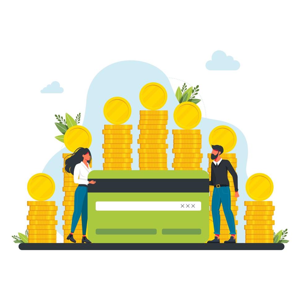 people near a large pile of coins are holding a bank credit card. Happy successful characters with a pile of coin. Financial well-being. Business investment and money savings. Fees and funding concept vector
