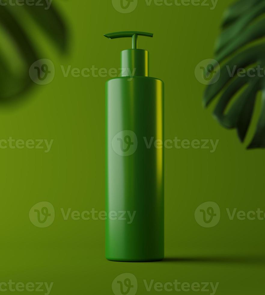 Design of natural cosmetic cream , serum, skincare blank bottle packaging with leaves herb, bio organic product. beauty. 3d illustartion. Product presentation photo