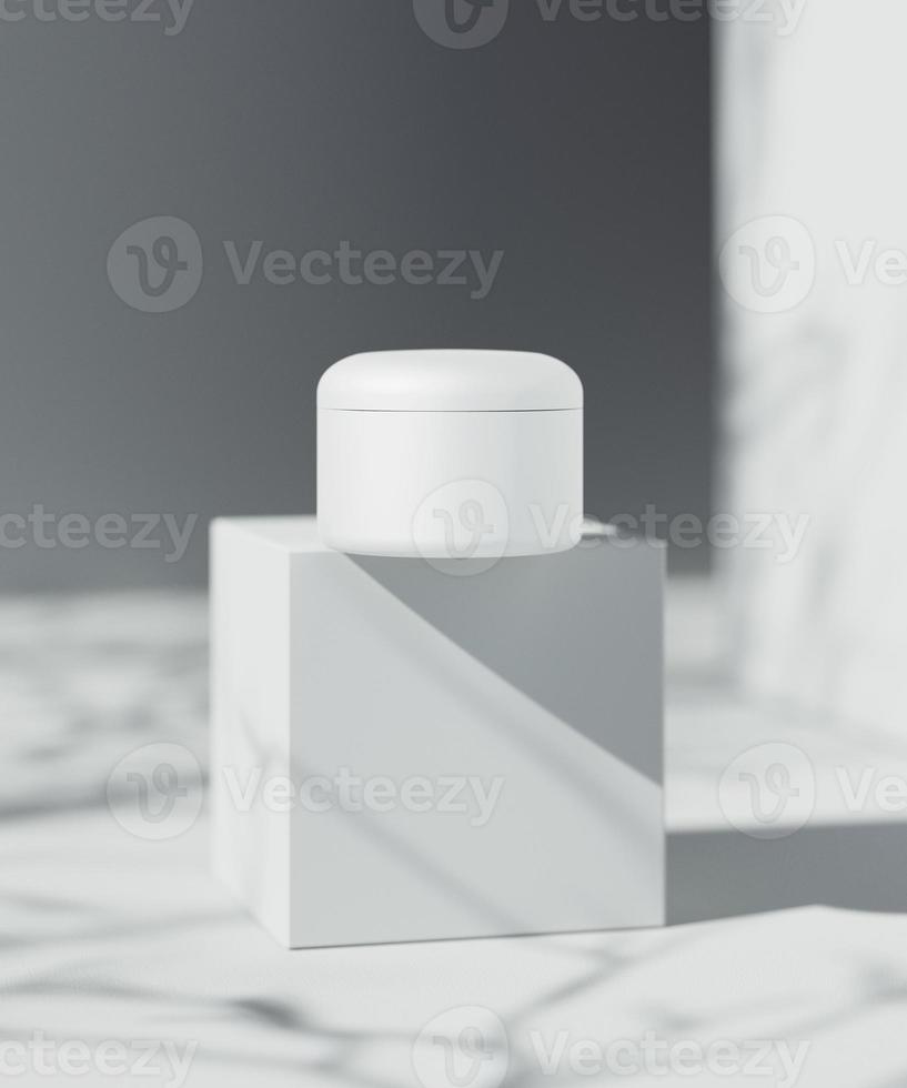 Natural Cosmetic product presentation scene. Ourdoor placement. White blank Jar. 3d illustration content photo