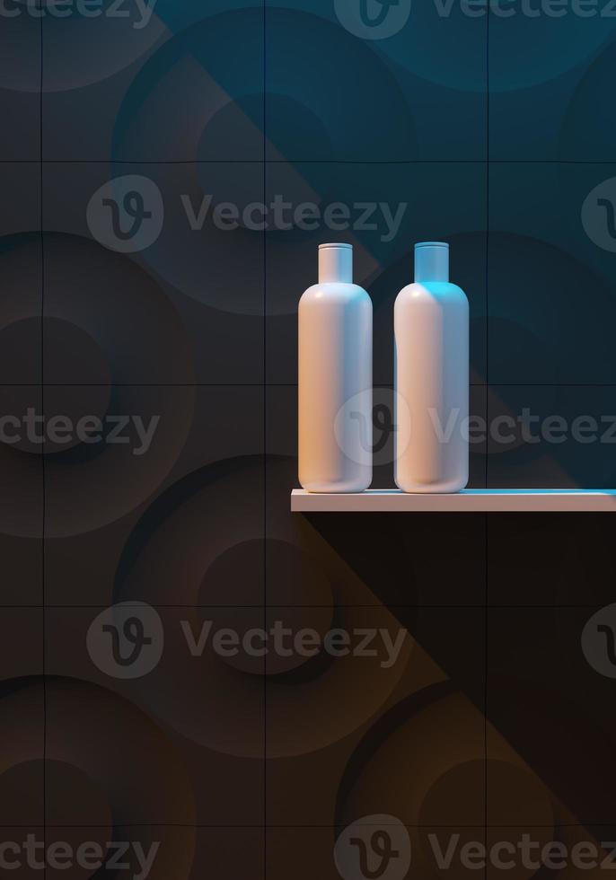Cosmetic brand template. Raster packaging. Oil, lotion, shampoo. Bottle mock up set. On the shelf. 3D illustration photo