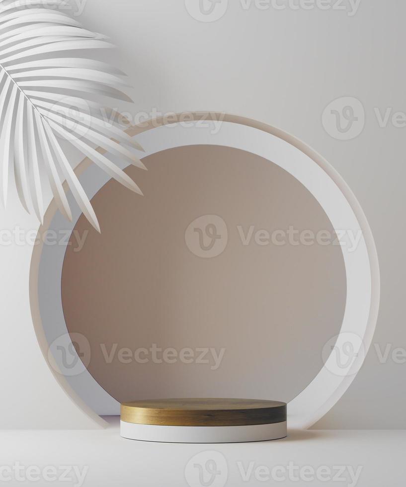 Pedestal geométrico de ilustración 3d para presentación de productos cosméticos y hoja de palma. fondo abstracto. Bosquejo. foto