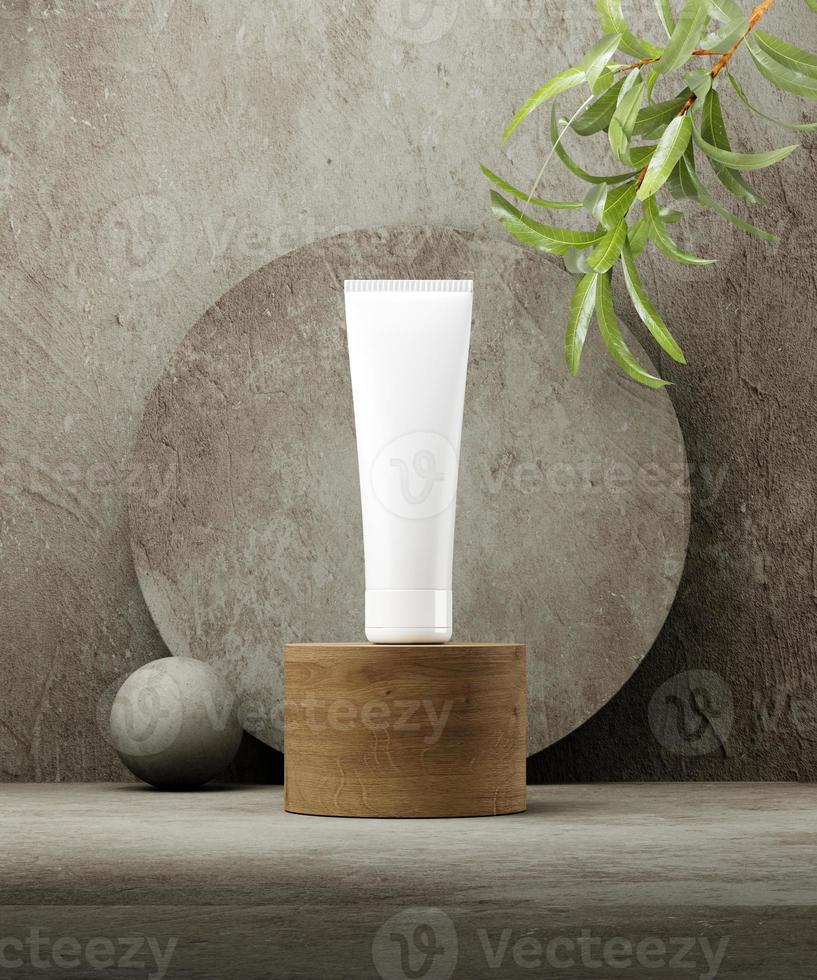 Pedestal for natural cosmetic product presentation. Stone and wood cylinders with plant leaves. 3d illustration. photo