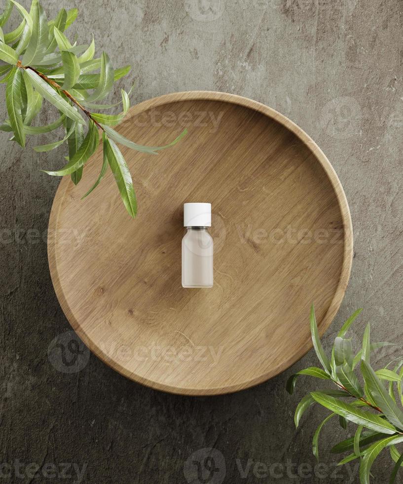 Pedestal for natural cosmetic product presentation. Stone and wood cylinders with plant leaves. 3d illustration. photo