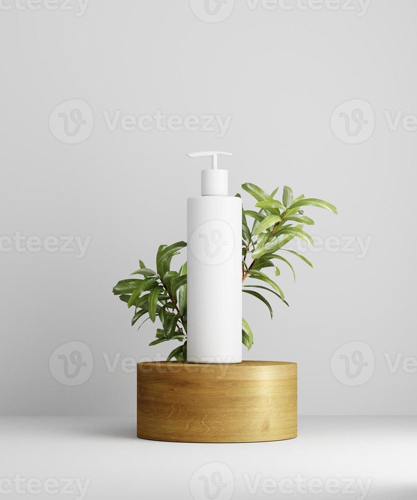 3D illustration geometric pedestal with cosmetic bottle presentation and leaves. White background. Mockup. photo