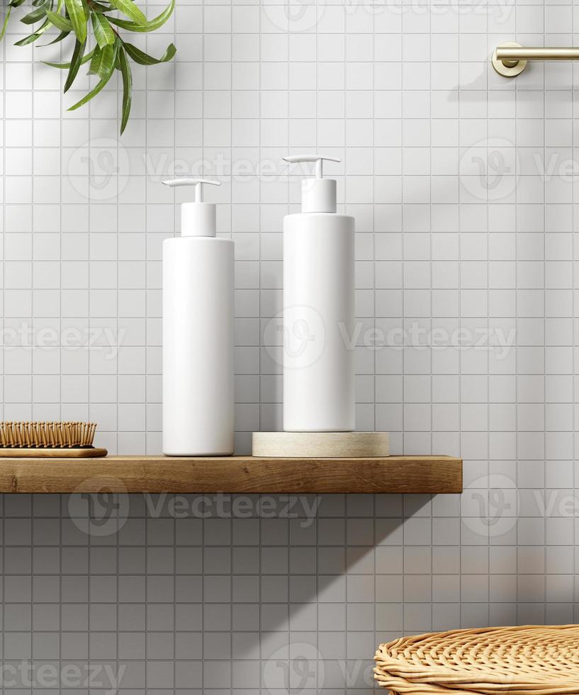 Cosmetic product display bathroom interior background. 3d illustration photo