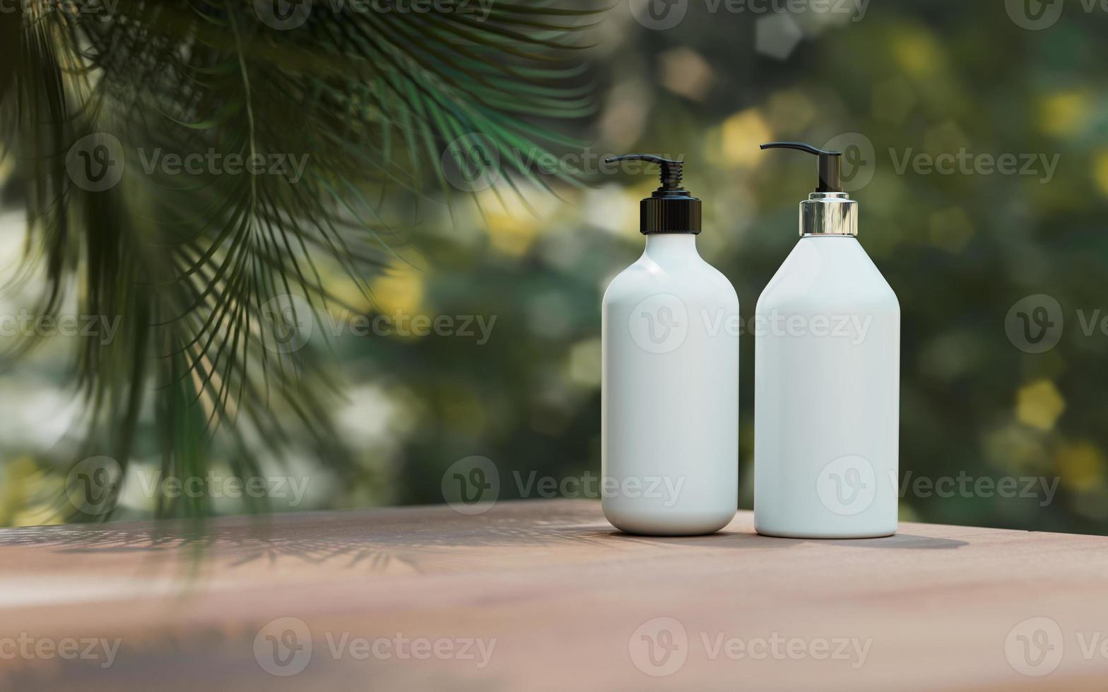 Presentación del producto cosmético natural. Colocación del jardín de nuestras puertas. botella de champú de tarro en blanco blanco. Contenido de ilustración 3d. foto