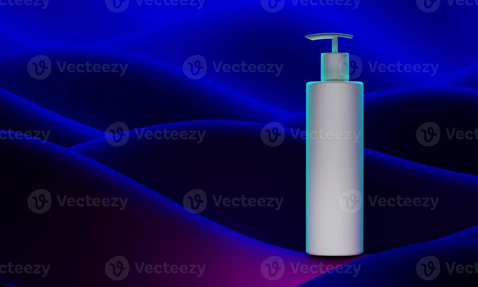 realistic bottle 3d illustration. Soap pump on background colour abstract waves. Cosmetic vial wish shampoo, gel. Template for cosmetic business, advertising, promotion, listing. photo