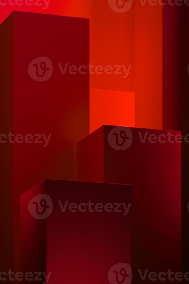 3D rendering Pedestal for display ,Platform for design, Blank epic abstract red product stand with lamp light spot. photo