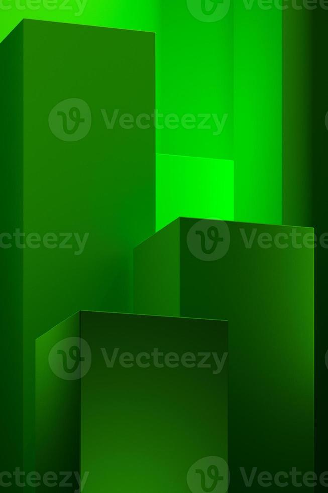 Pedestal de renderizado 3D para exhibición, plataforma para diseño, soporte de producto verde abstracto en blanco con punto de luz de lámpara. foto