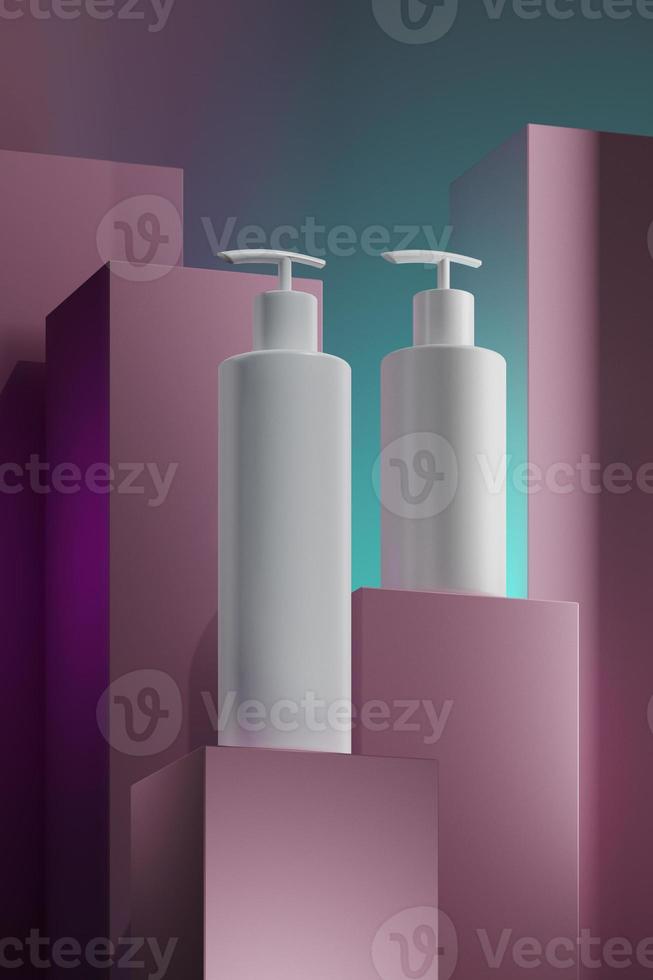 diseño de crema cosmética natural, suero, envases de botellas en blanco para el cuidado de la piel. producto bio orgánico. concepto de belleza y spa. composición de equilibrio abstracto. Ilustración 3d foto