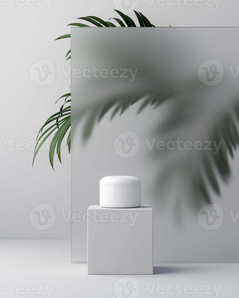 White design of natural cosmetic cream , serum, skincare blank bottle packaging with leaves herb, bio organic product. beauty and spa concept. 3d illustartion. photo