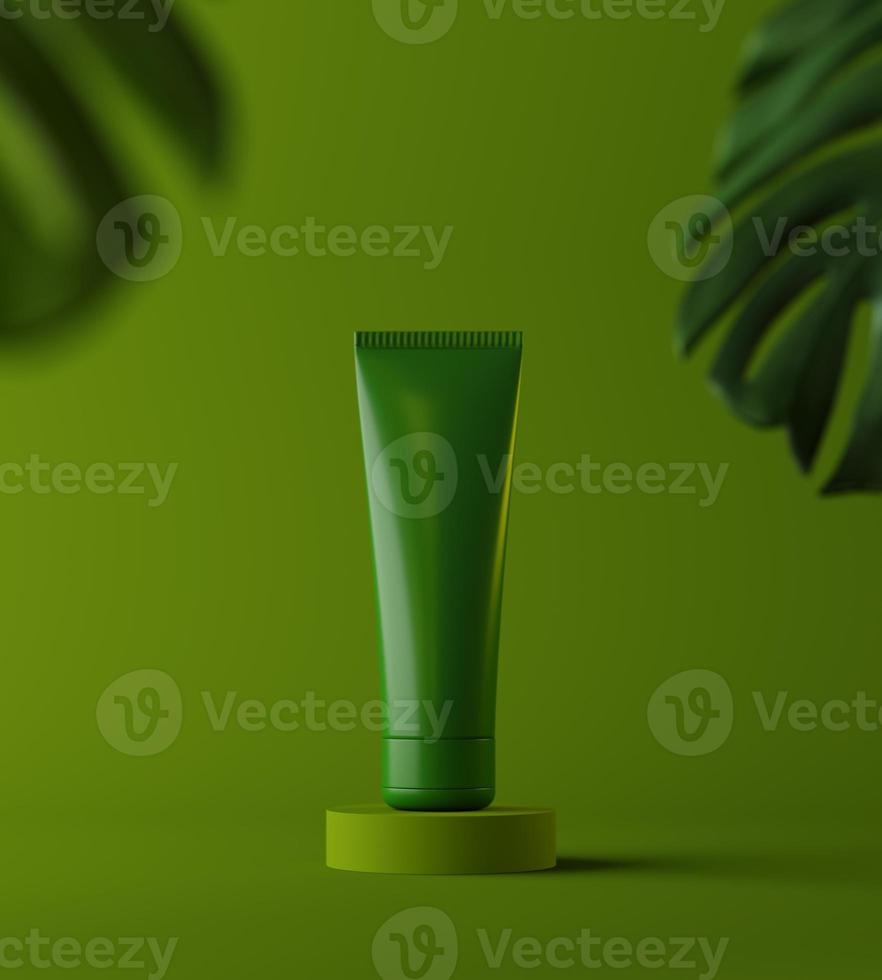 Design of natural cosmetic cream , serum, skincare blank bottle packaging with leaves herb, bio organic product. beauty. 3d illustartion. Product presentation photo