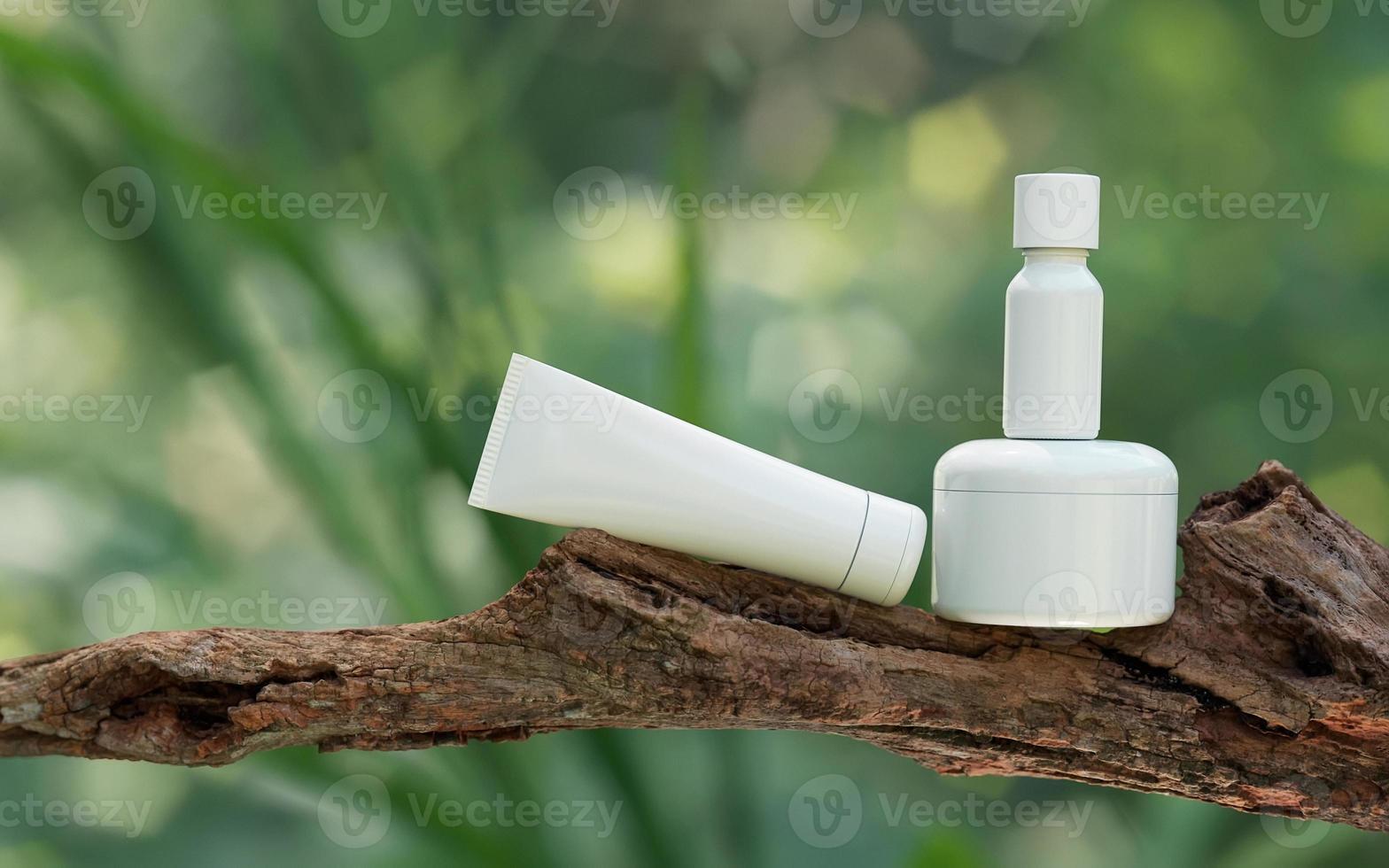 Natural Cosmetic product presentation. Ourdoors forest placement. White blank Jar shampoo bottle. 3d illustration content photo