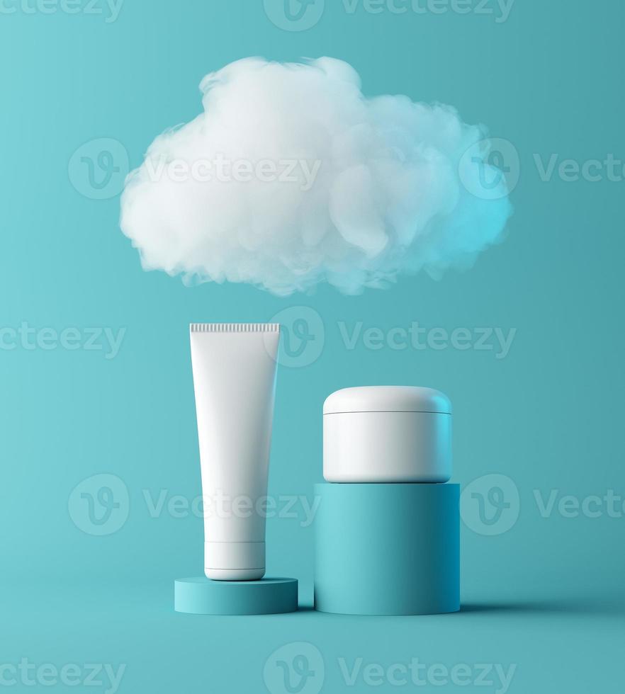 Presentación cosmética de humectante natural con nube, podio de escena simulada para exhibición de productos. concepto hidratante. Representación 3d foto