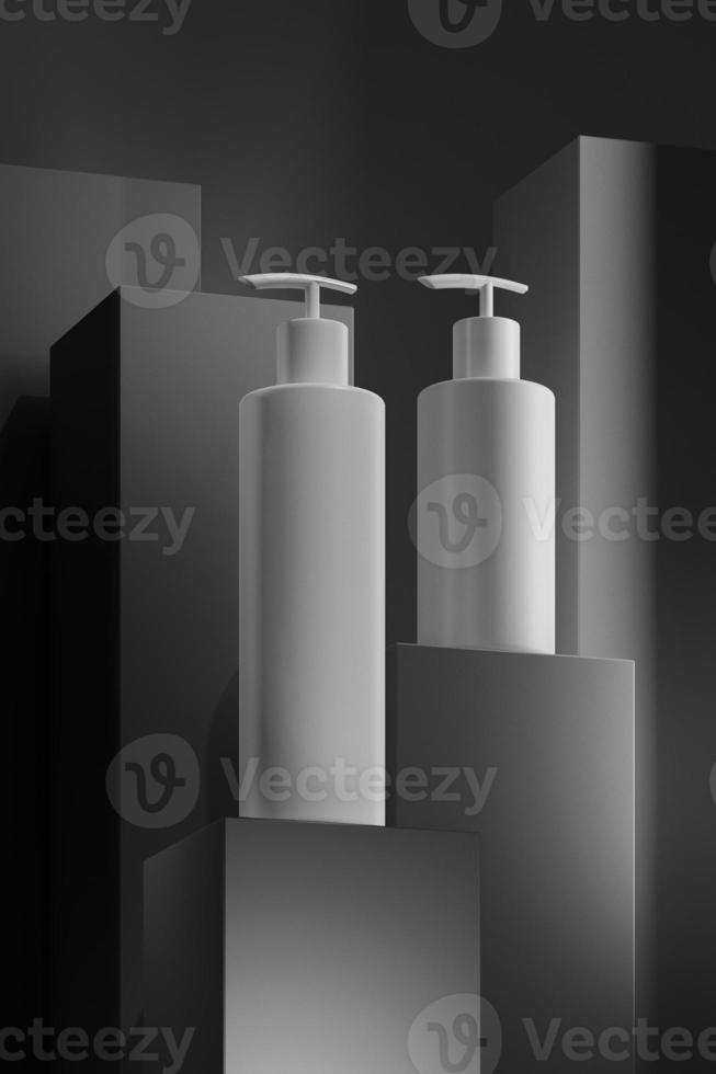 diseño de crema cosmética natural, suero, envases de botellas en blanco para el cuidado de la piel. producto bio orgánico. concepto de belleza y spa. composición de equilibrio abstracto. Ilustración 3d foto