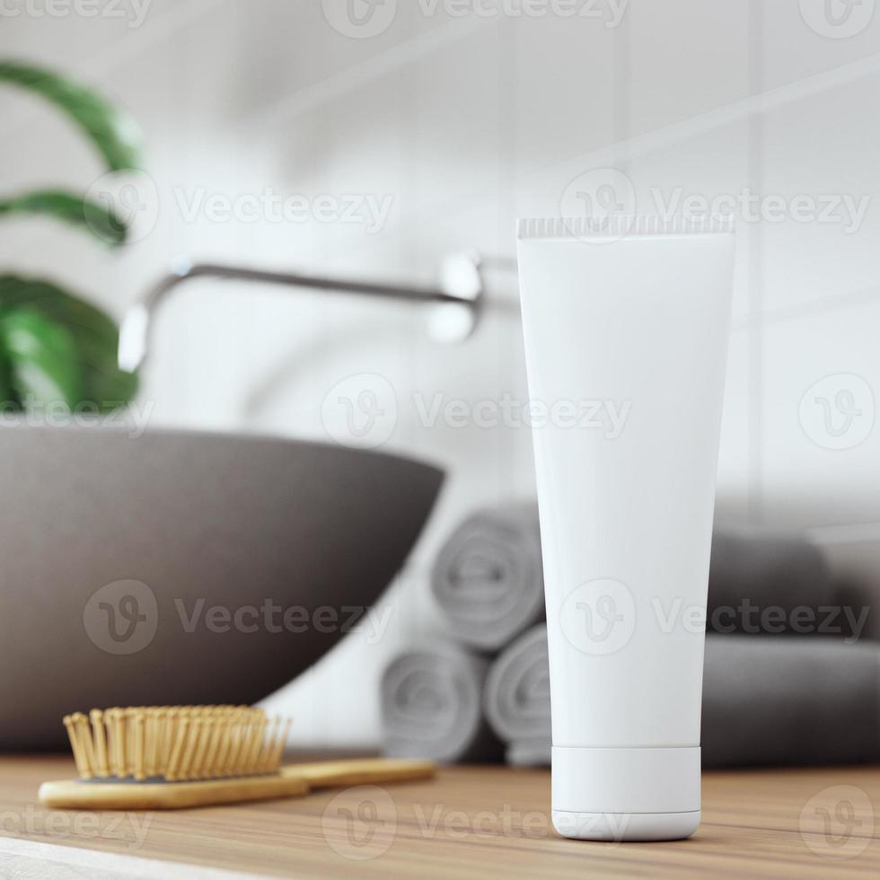 Cosmetic product display bathroom interior background. 3d illustration photo