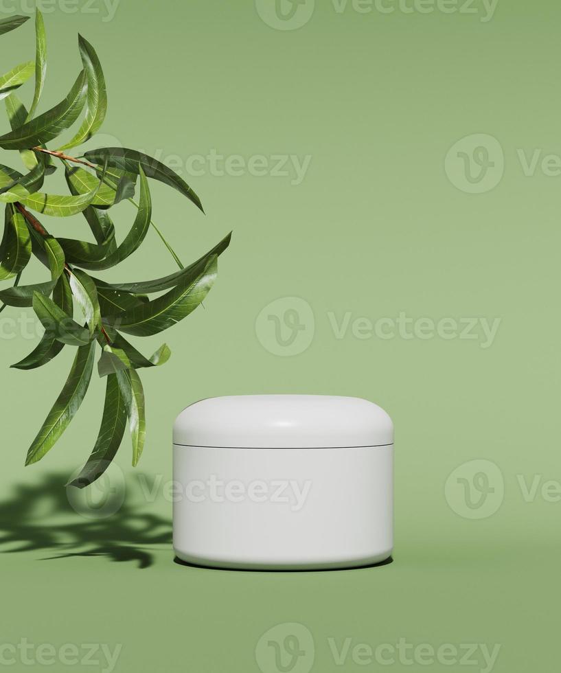 Monocolor scene for cosmetic product presentation. Cosmetic jar and green leaf on color background. 3d render. photo