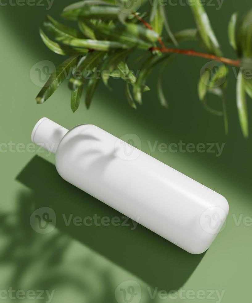 Natural cosmetic minimal stage for product presentation. Cosmetic jar podium and green leaf on monochrome background. 3d render. photo