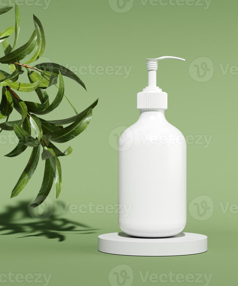 Natural cosmetic minimal stage for product presentation. Cosmetic jar podium and green leaf on monochrome background. 3d render. photo