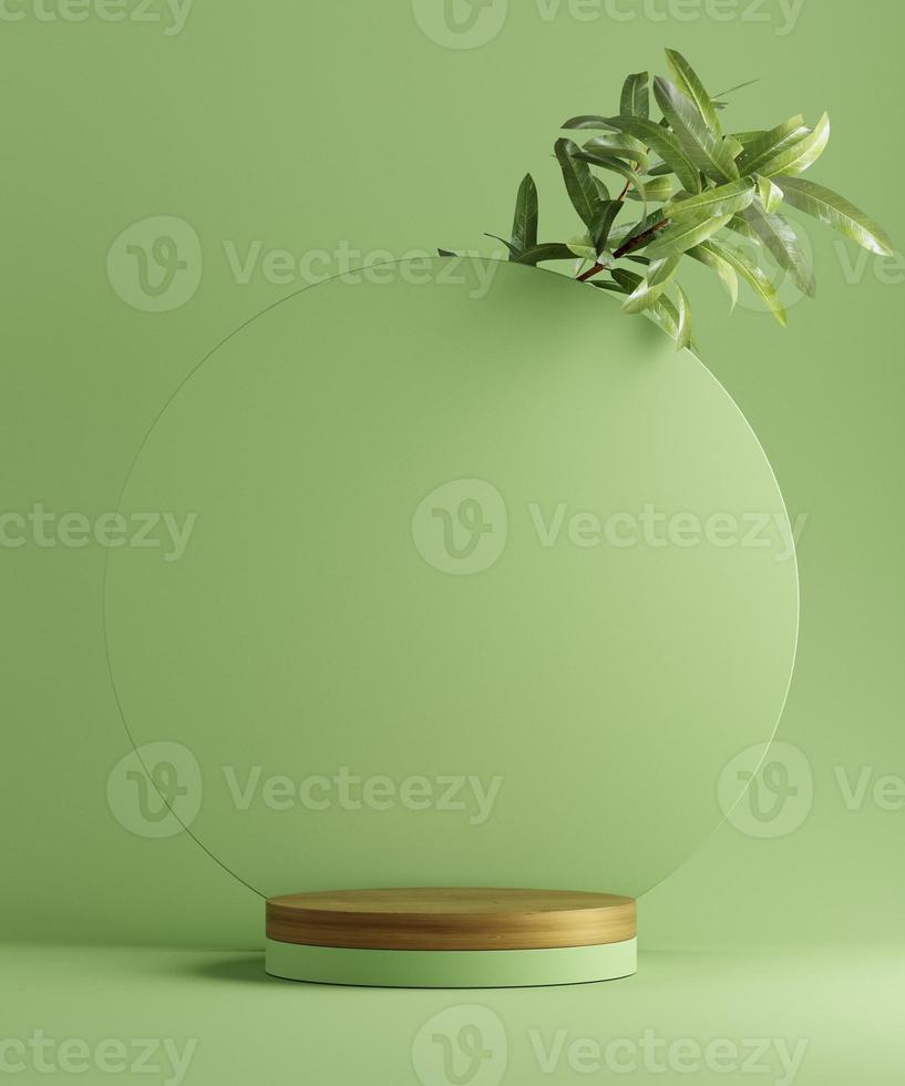 3D illustration geometric pedestal for product presentation with leaves. Abstract background. Mockup. photo