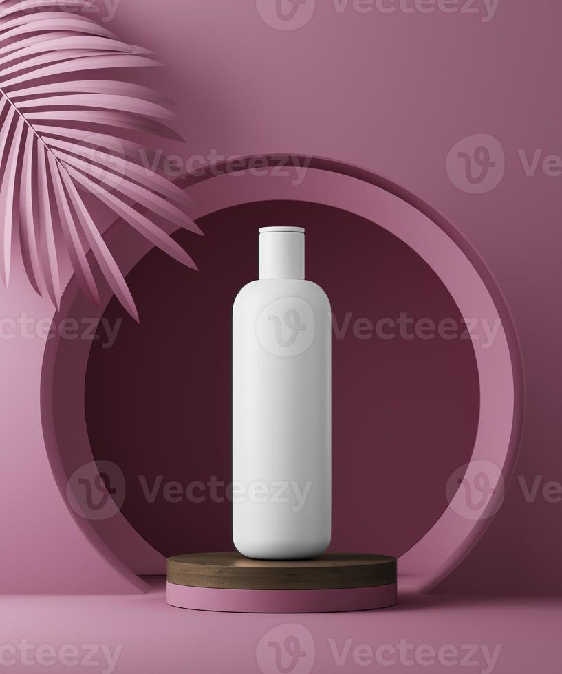 3D illustration geometric pedestal with cosmetic bottle presentation and palm leaves. Abstract background. Mockup. photo