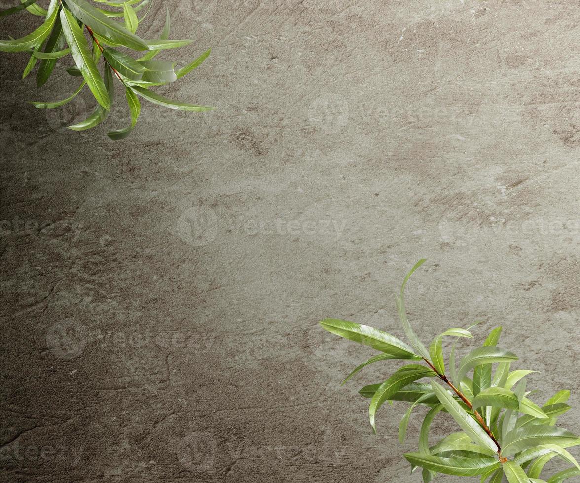 Kitchen stone table with leaves. Background for product presentation. 3d illustration. photo
