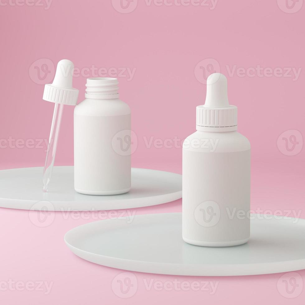 diseño minimalista moderno rosa limpio. frasco gotero cosmético para líquido, crema, gel, loción. paquete de productos de belleza, plantilla en blanco de frasco de plástico blanco. Ilustración 3D. foto