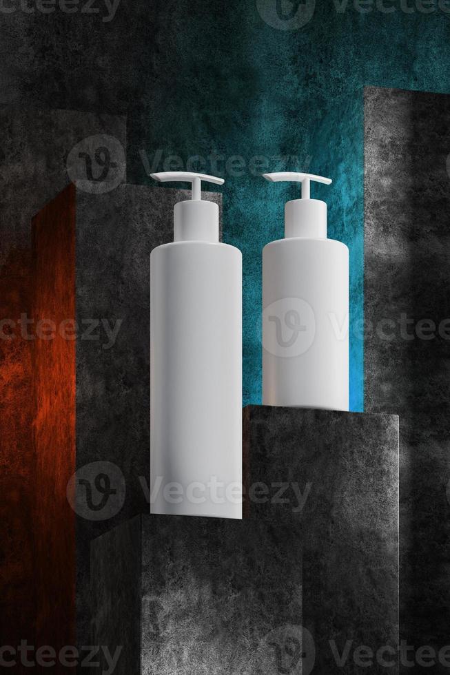 3d illustration. Beautiful format poster with Grey abstract stone concrete background with grayish tonalities, with white plastic containers cream jar, tube. Realistic mockup cosmetic. photo