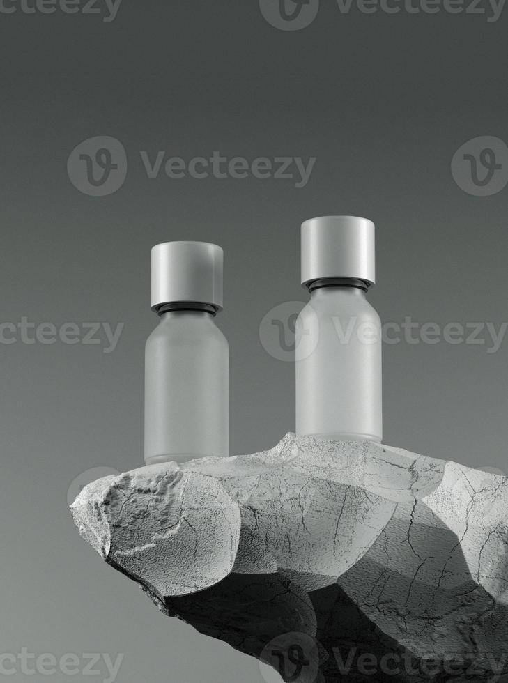 Two bottles of essential massage oil on stone - beauty treatment. Minimal white design packaging mock up. 3d illustration. photo