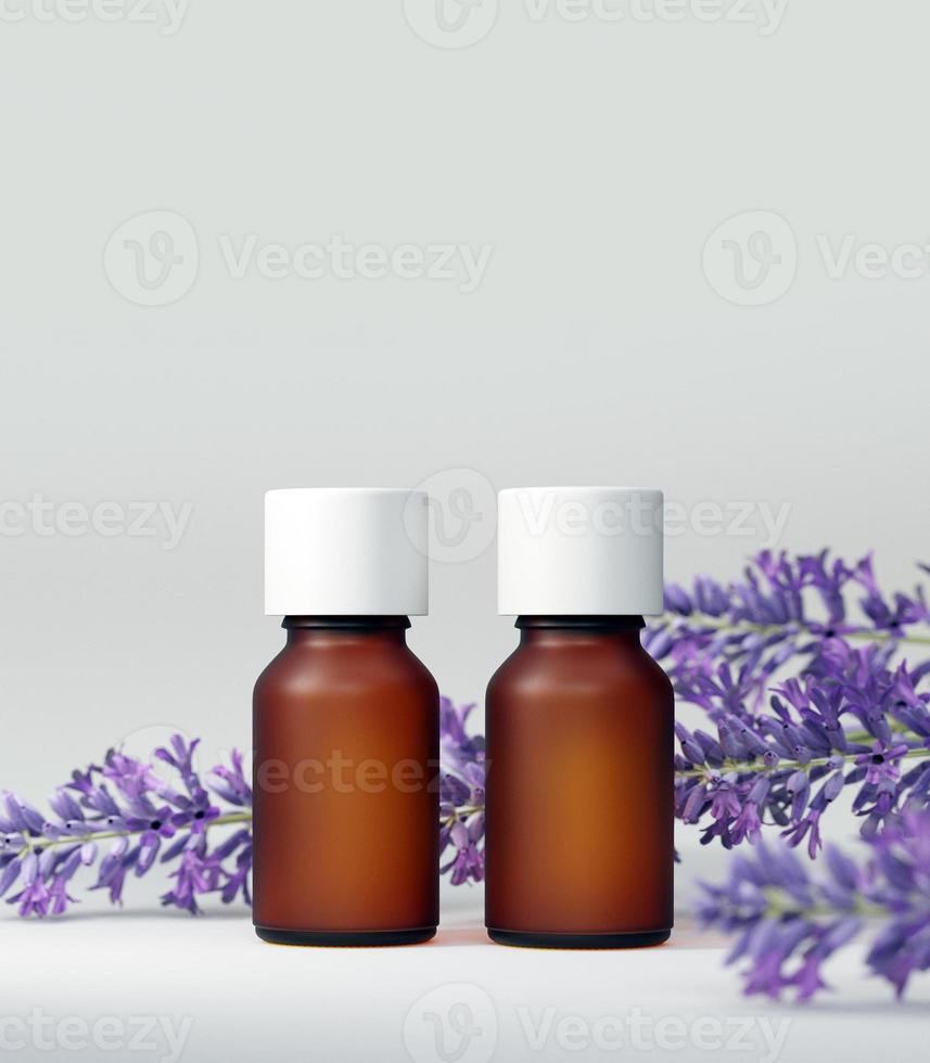 maqueta de botella de aceite esencial. con flor de lavanda. Fondo blanco. concepto de cuidado del cuerpo y aromaterapia. Ilustración 3D. foto