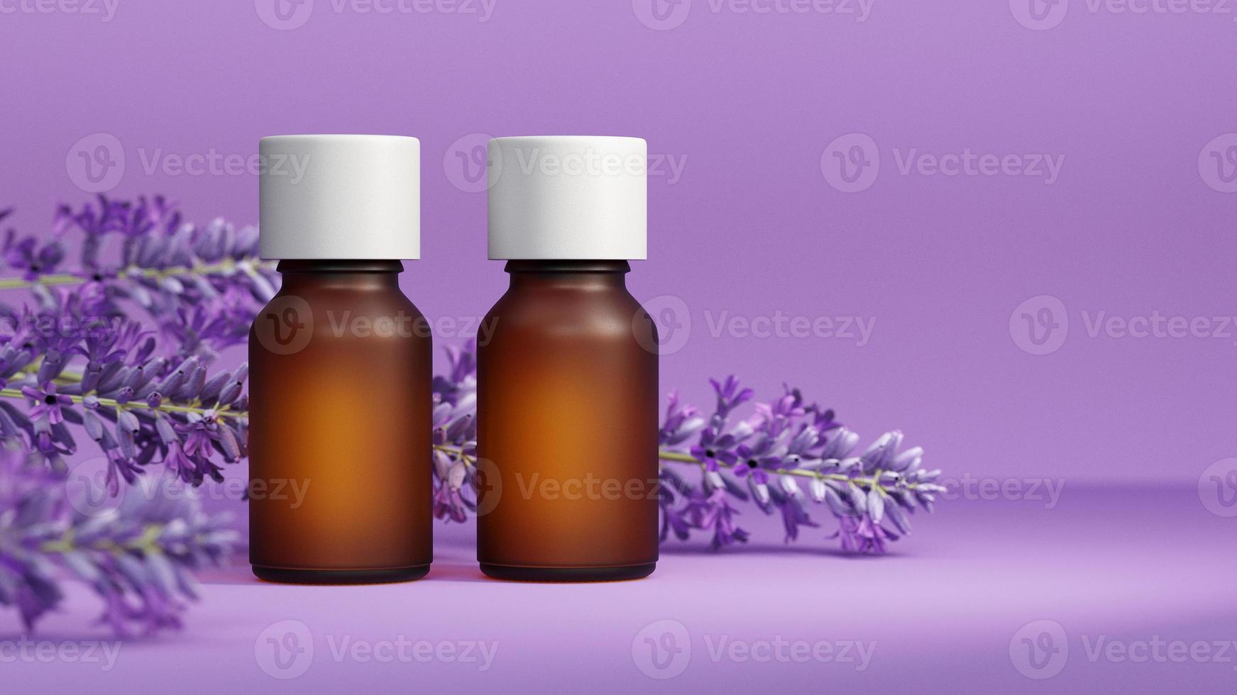 Essential oil bottle mock up. With lavender flower. lilac purple background. Body care and aromatherapy concept. 3D illustration. photo