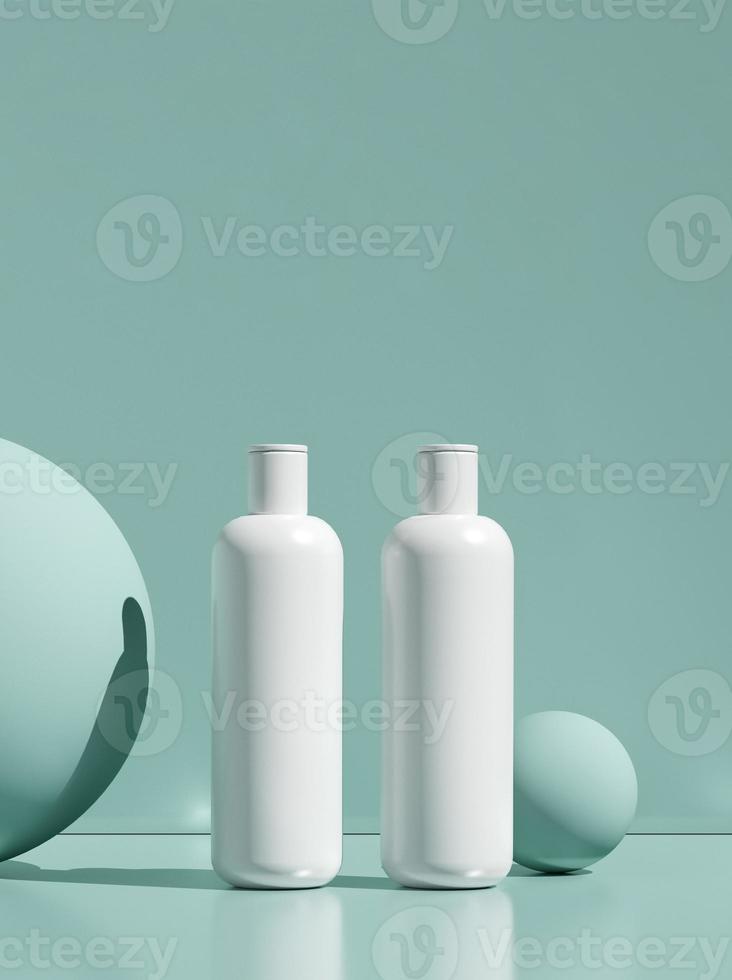 diseño de crema cosmética natural, suero, envases de botellas en blanco para el cuidado de la piel. producto bio orgánico. concepto de belleza y spa. fondo violeta abstracto. Ilustración 3d foto