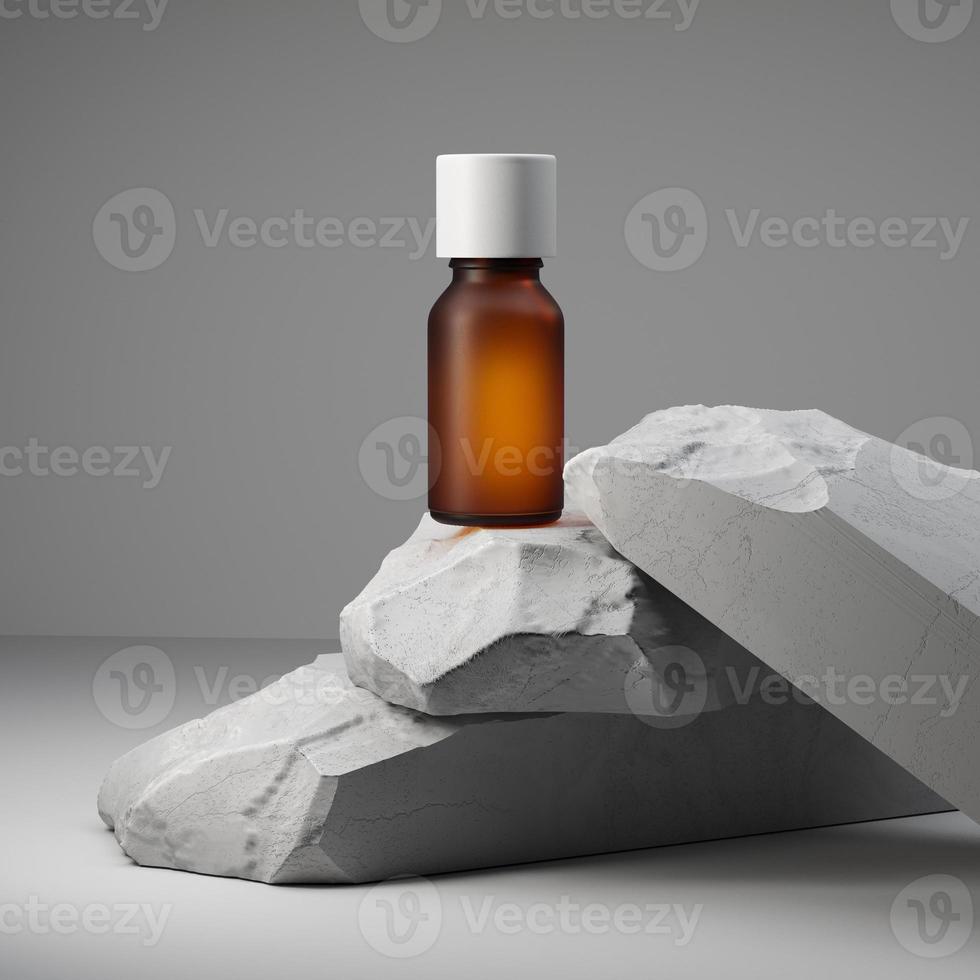 Essential oil and stacked white stones on a white background. Mock up with copy space. Concept of wellness and natural cosmetics. 3d illustration. photo