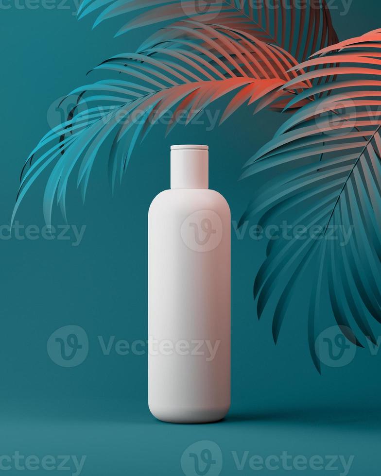 Diseño de color de crema cosmética natural, suero, envase de botella en blanco para el cuidado de la piel con hojas de hierba, producto bio orgánico. concepto de belleza y spa. Ilustración 3d foto