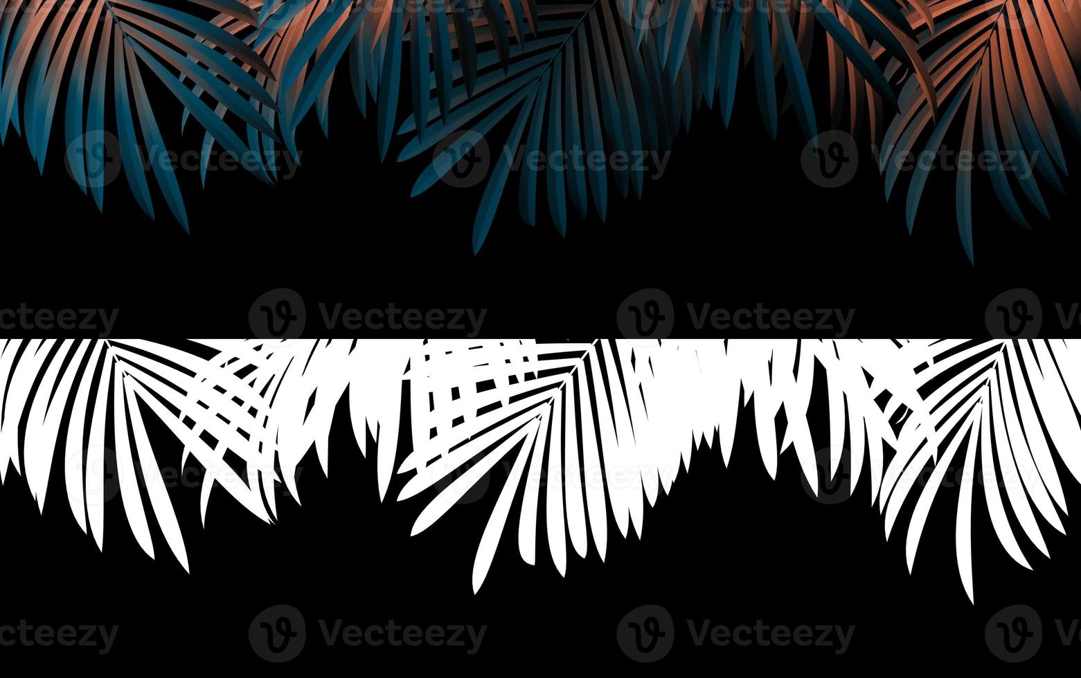 Modern beautiful palm leaves template isolated on black background with mask for poster or booklet design. 3d illustration photo
