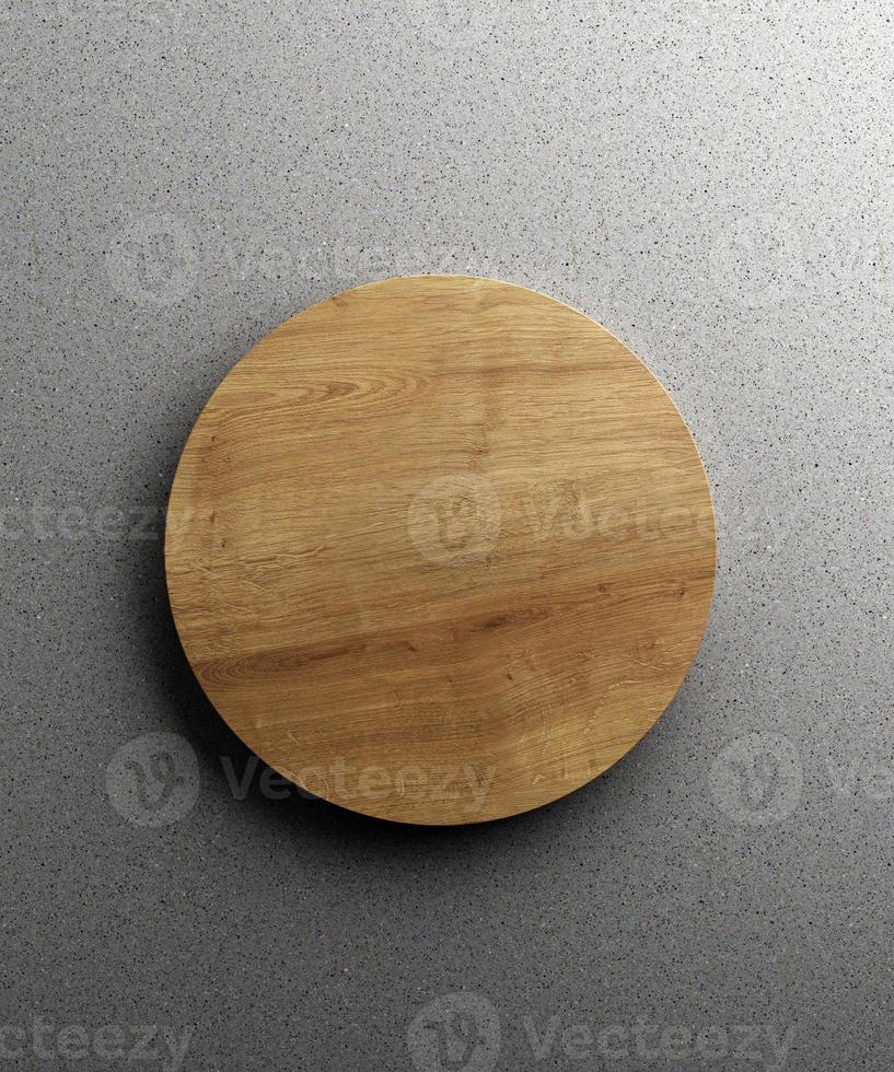 Wooden kitchen board. On a grey stone background. Top view. Free space for text. 3d illustration photo