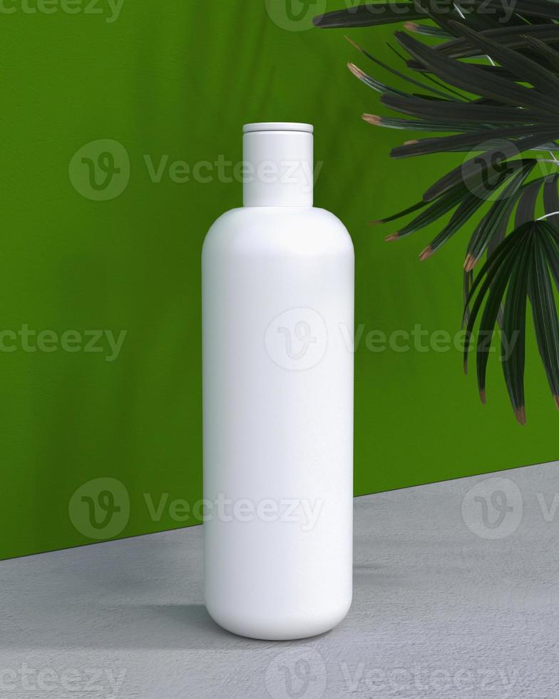 Crema cosmética natural o champú, suero, envase de botella en blanco para el cuidado de la piel con hojas de hierba. producto bio orgánico. concepto de belleza y spa. Ilustración 3d foto