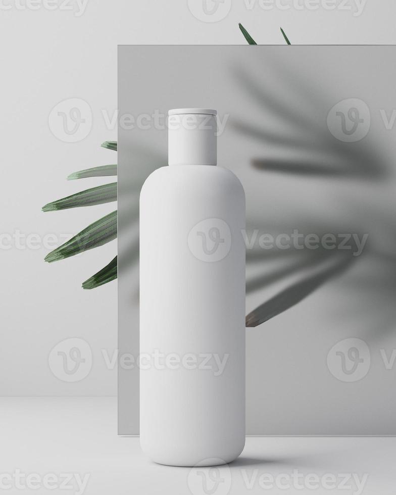 diseño blanco de crema cosmética natural, suero, envase de botella en blanco para el cuidado de la piel con hojas de hierba, producto bio orgánico. concepto de belleza y spa. Illustartion 3d. foto