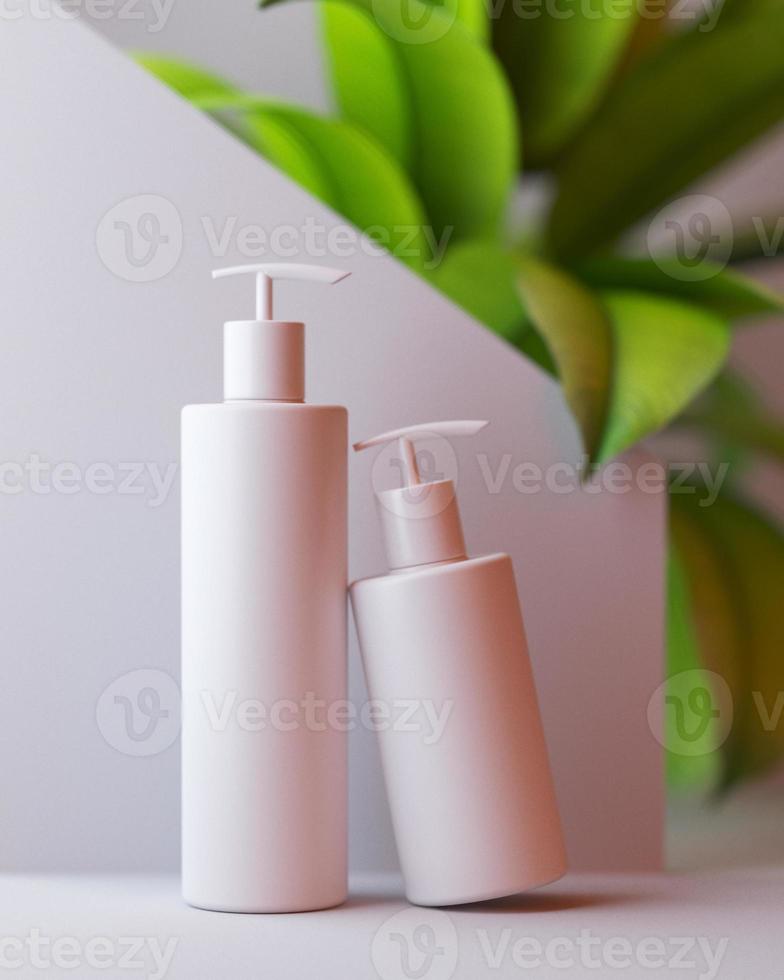 diseño blanco de crema cosmética natural, suero, envase de botella en blanco para el cuidado de la piel con hojas de hierba, producto bio orgánico. concepto de belleza y spa. Illustartion 3d. herbal dermatología cosmética higiénica foto