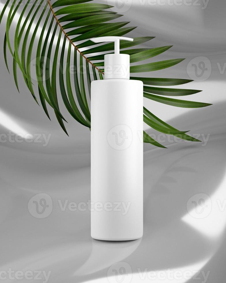 White design of natural cosmetic cream , serum, skincare blank bottle packaging with leaves herb, bio organic product.beauty and spa concept. 3d illustartion photo