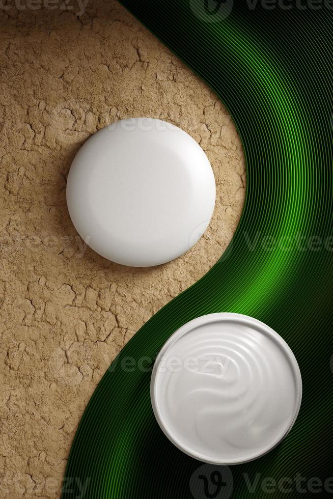 Crema cosmética envase de botella crema hidratante en tierra seca de arena, etiqueta en blanco para maqueta de marca, concepto de producto de belleza natural. copyspace. Ilustración 3d foto