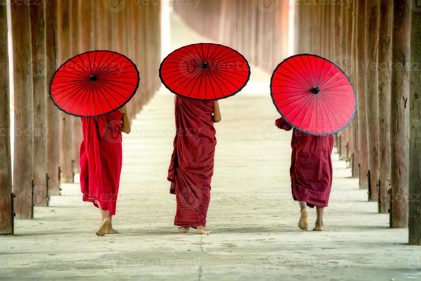 Myanmar The backside of Novice monk walking in pagoda Bagan Mandalay landmark tourist of Asia. photo