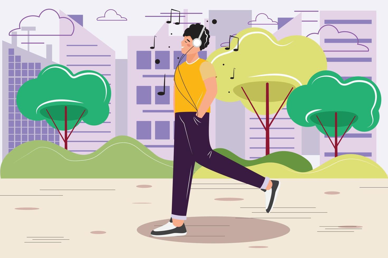 Happy young man enjoying music, podcast, radio. Man wearing headphones and walking in the city park. Music, podcast, radio concept illustration. Vector flat design illustration.