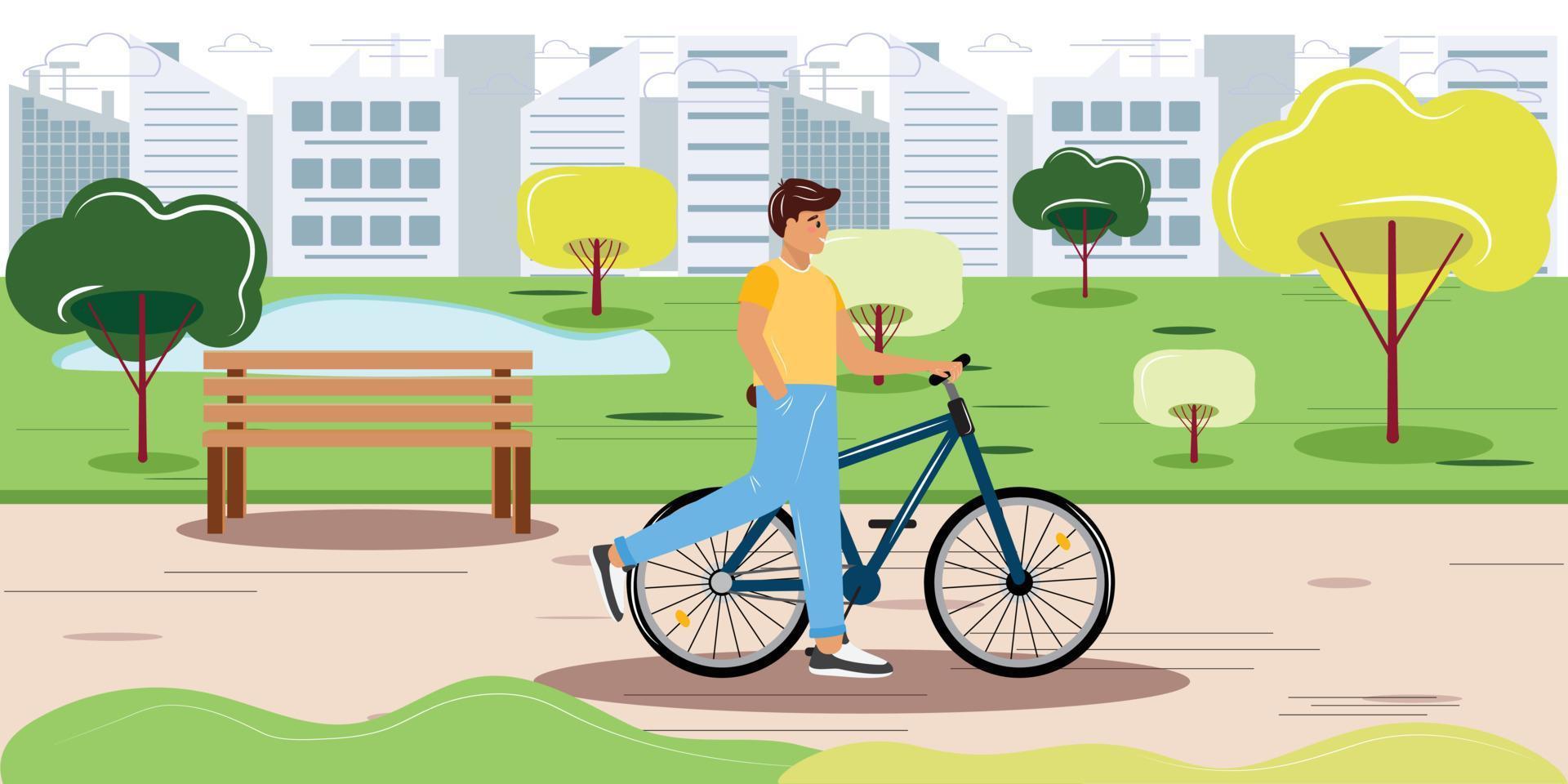 joven caminando con una bicicleta en el parque de la ciudad y disfrutando de un clima soleado. Ilustración de diseño plano. vector