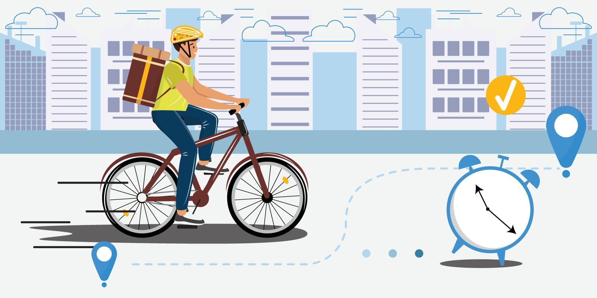 Pizza delivery. Delivery service. Young happy man delivering pizza with a bike. vector