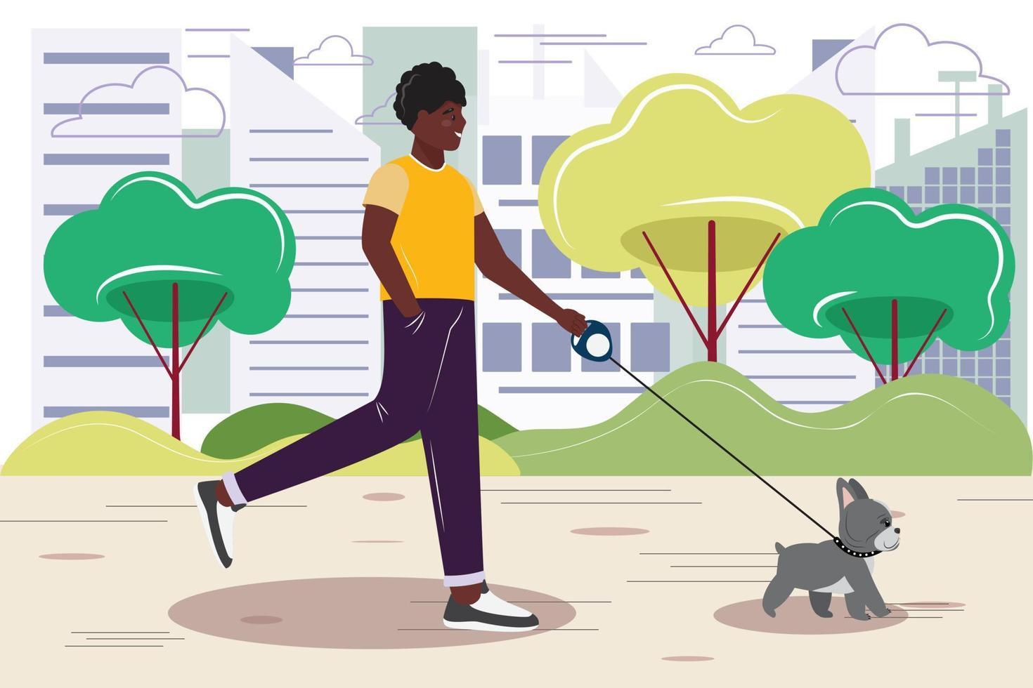 Young man walking with a dog in the park. Flat design illustration. vector