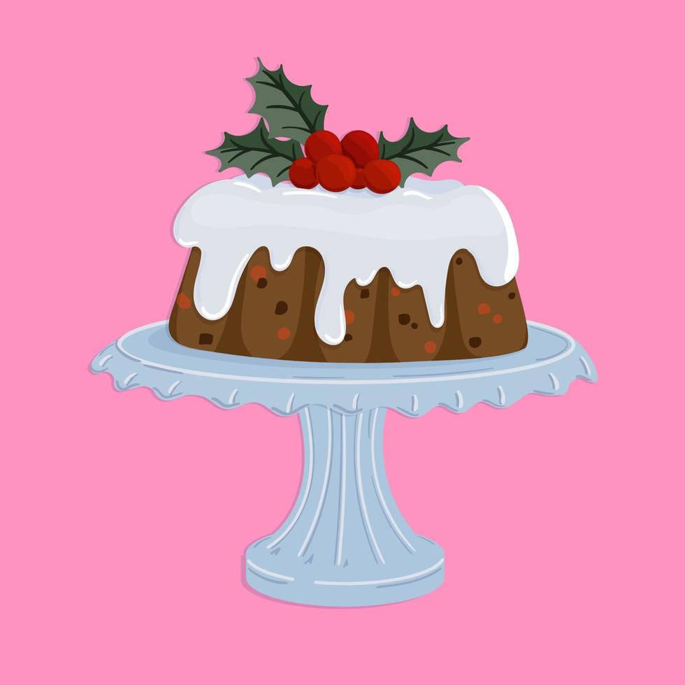 Cute delicious Christmas cake with berries and holly vector illustration. Bake Festive pies. Winter design for card, poster, wallpaper, decor, packaging. New year style, holidays vibes, christmas mood