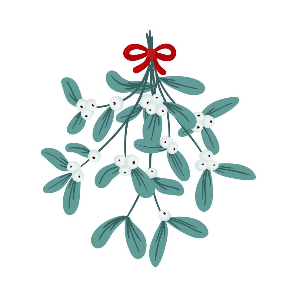 Omela, Holly, Mistletoe bunch with red ribbon, isolated on a white background. Christmas holiday objects collection. Traditional winter set. Happy new year. Xmas vector illustration for greeting card
